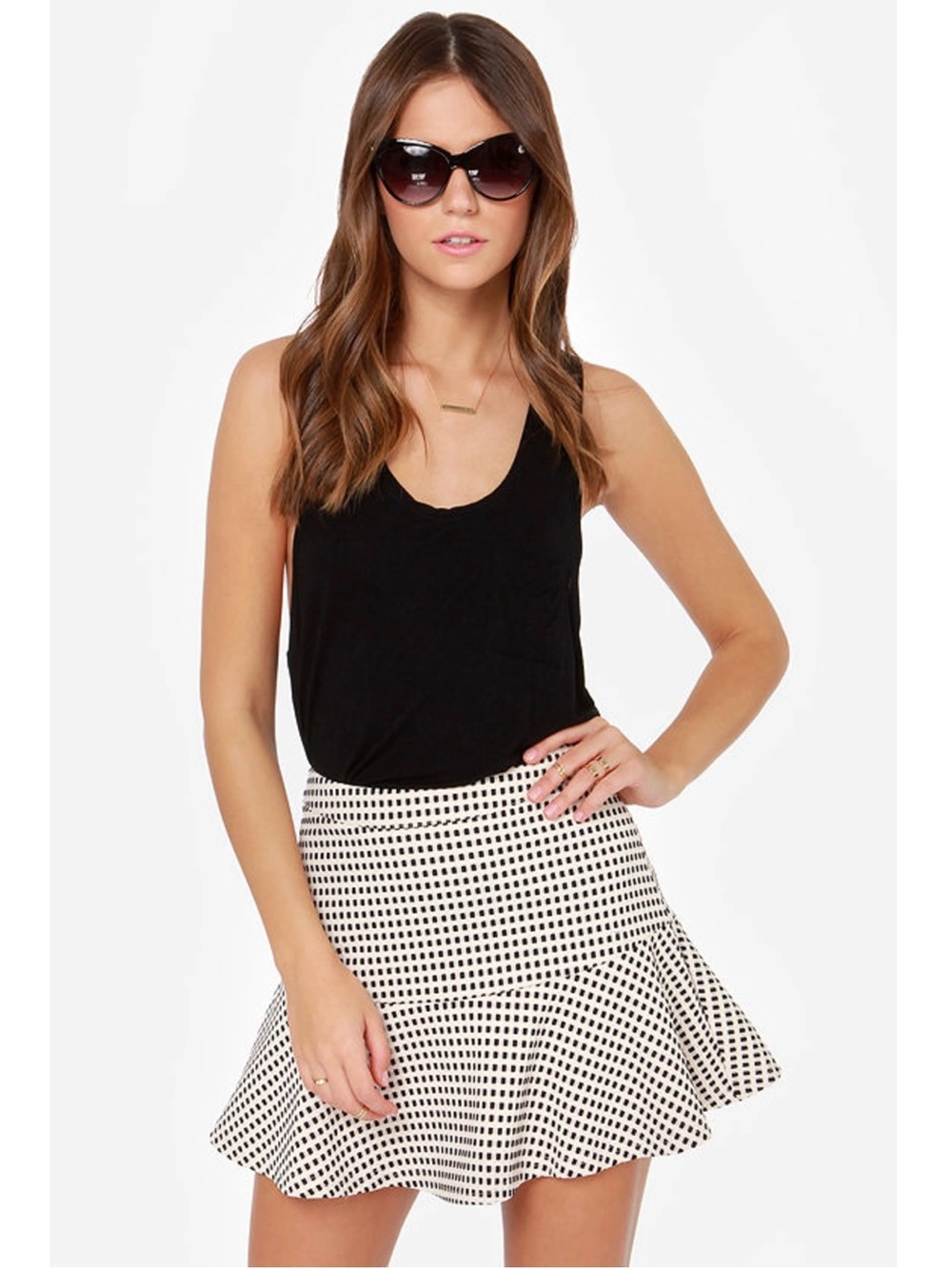 Lush Cream and Black Checkered Mini Skirt